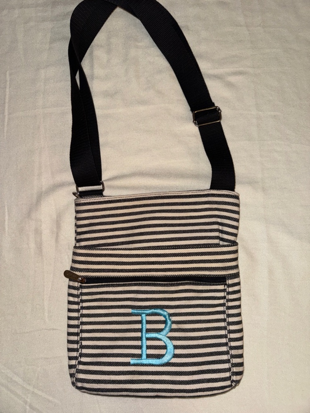 thirty-one Black and White Striped Crossbody with Turquoise Monogram